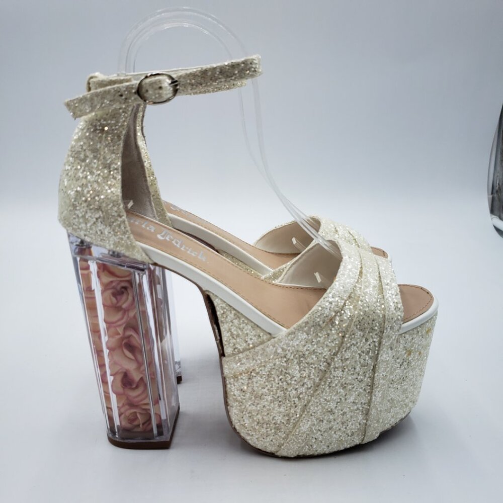 Charla Tedrick Glitter Platform‎ Heels 8 Womens Clear Rose Petal Wedding Cream